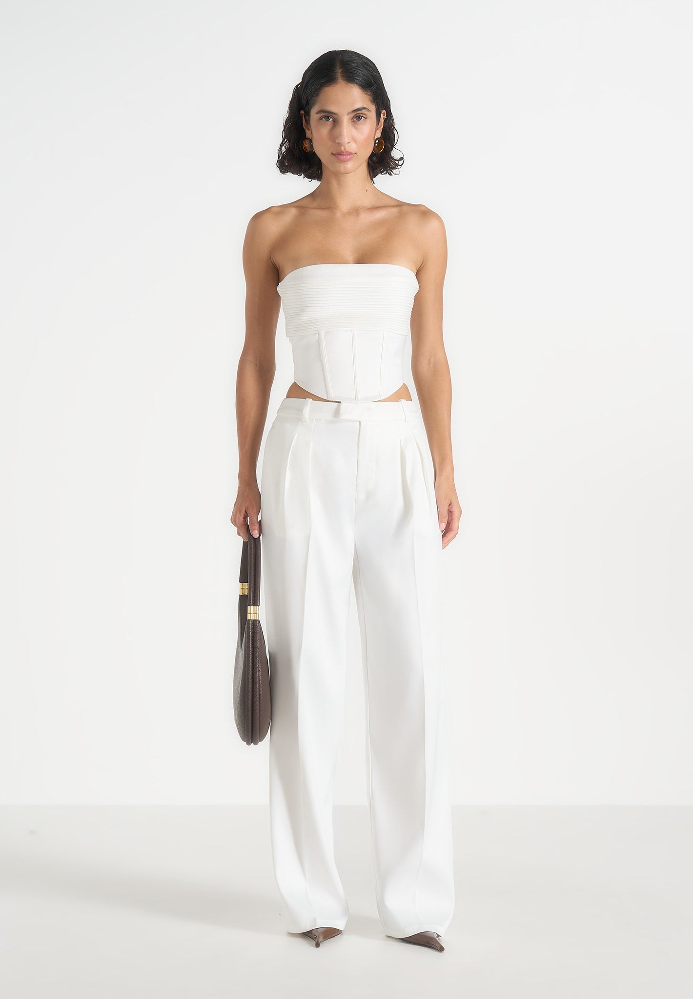 Cora - Satin Pintuck Bandeau Corset Top - Off White