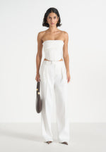 Cora - Satin Pintuck Bandeau Corset Top - Off White