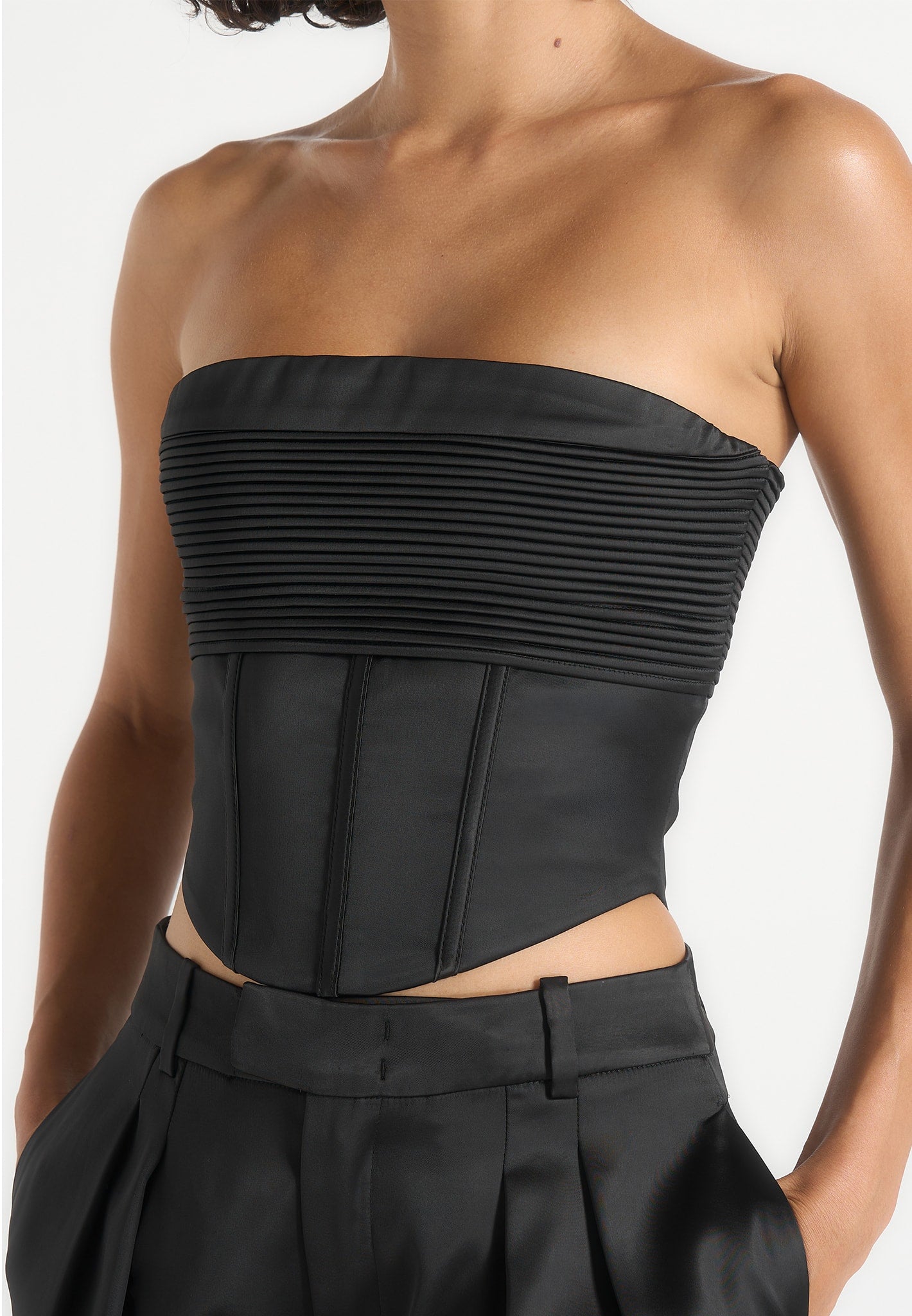Cora - Satin Pintuck Bandeau Corset Top - Black