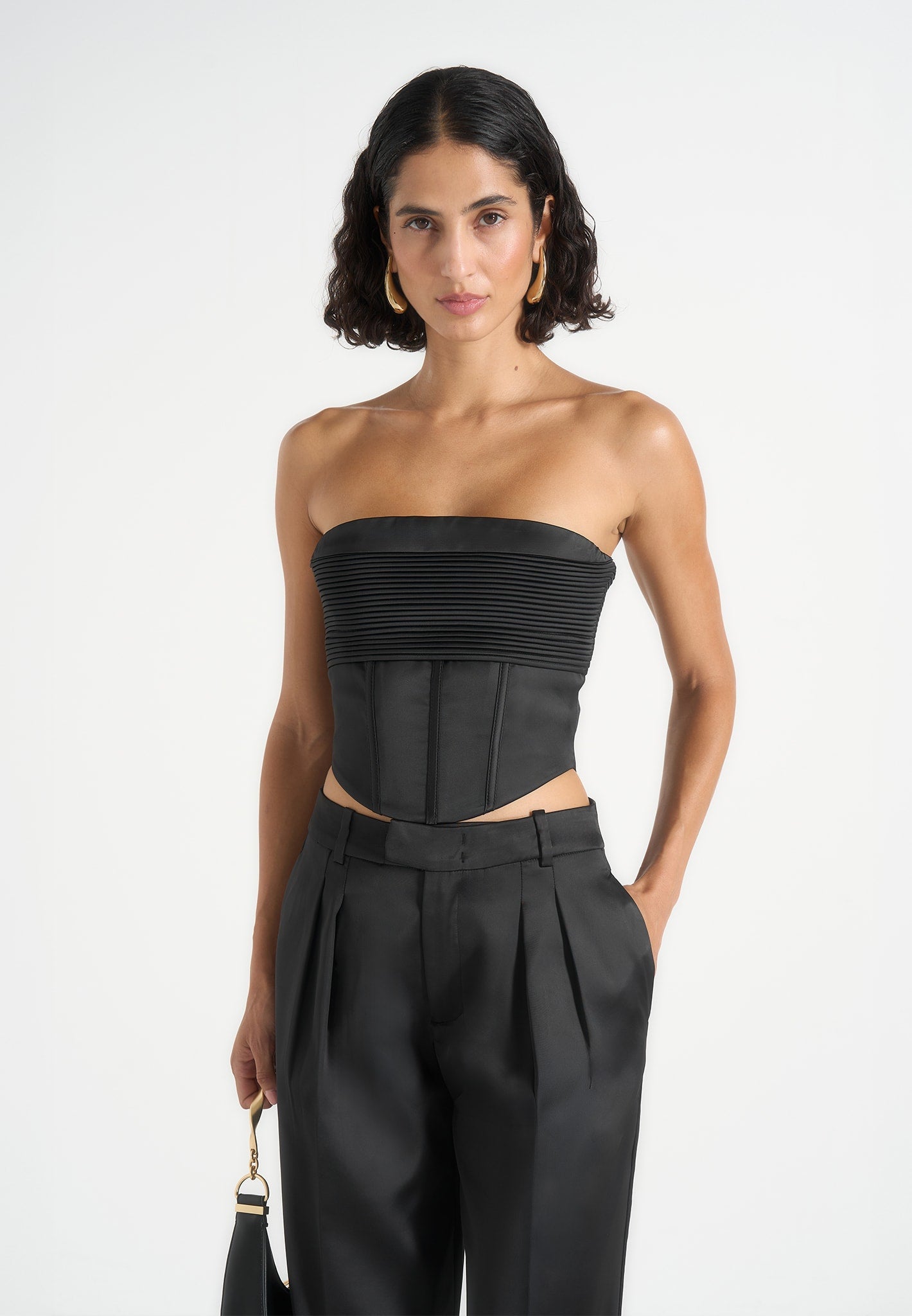 Cora - Satin Pintuck Bandeau Corset Top - Black