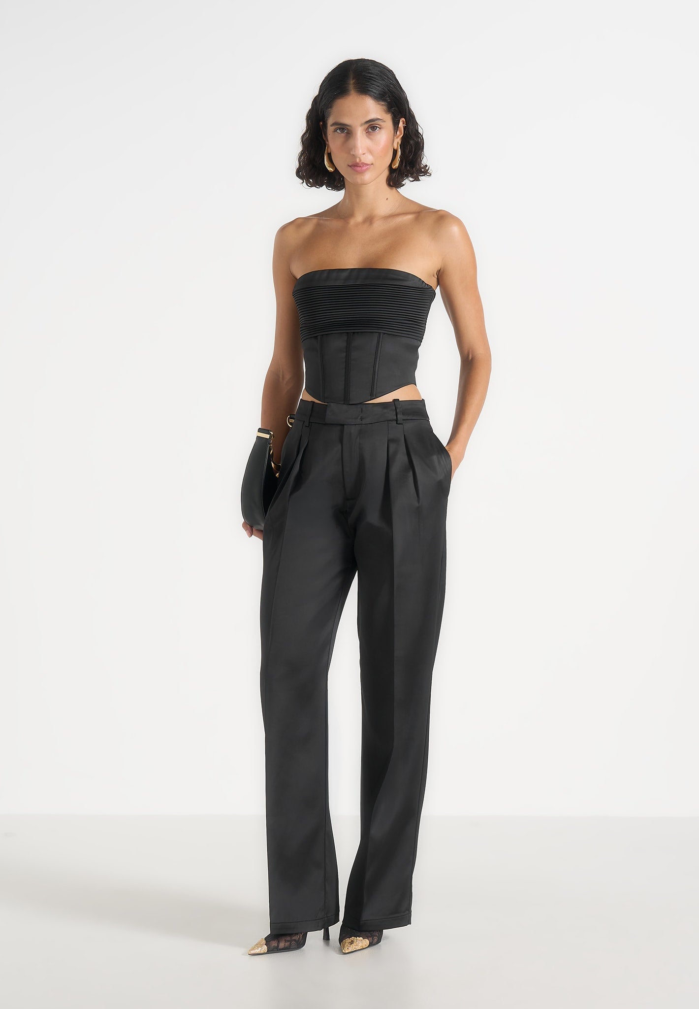 Cora - Satin Pintuck Bandeau Corset Top - Black