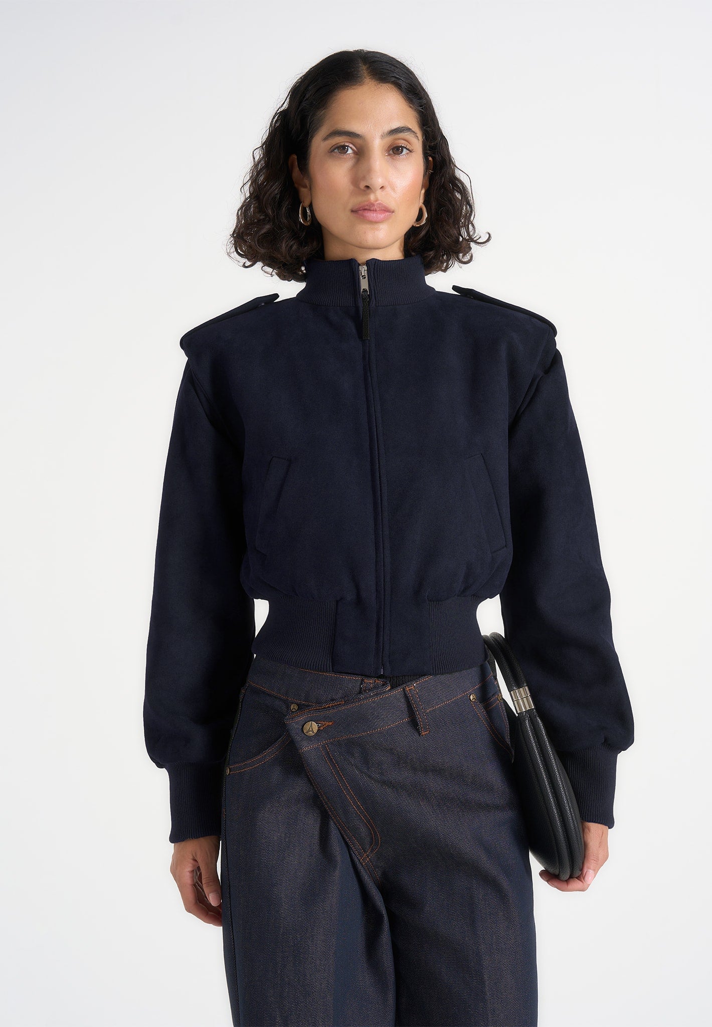 Delfina - Suede Layered-Shoulder Cropped Bomber Jacket - Navy