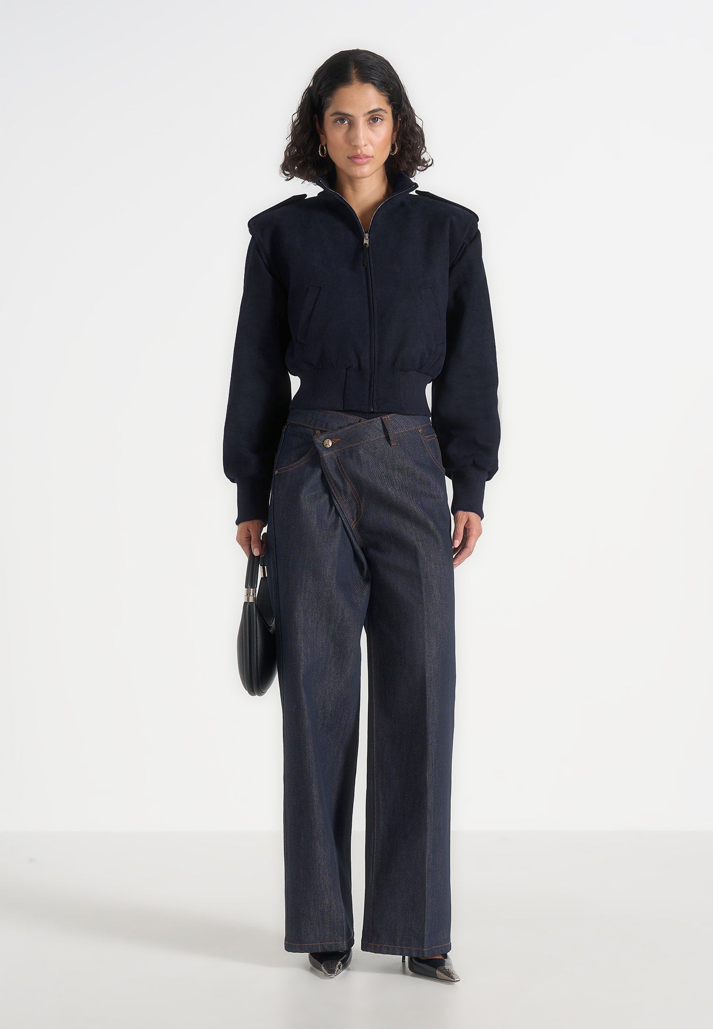 Delfina - Suede Layered-Shoulder Cropped Bomber Jacket - Navy
