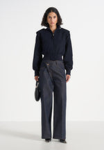 Delfina - Suede Layered-Shoulder Cropped Bomber Jacket - Navy