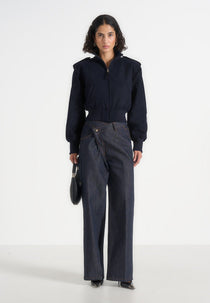 Delfina - Suede Layered-Shoulder Cropped Bomber Jacket - Navy