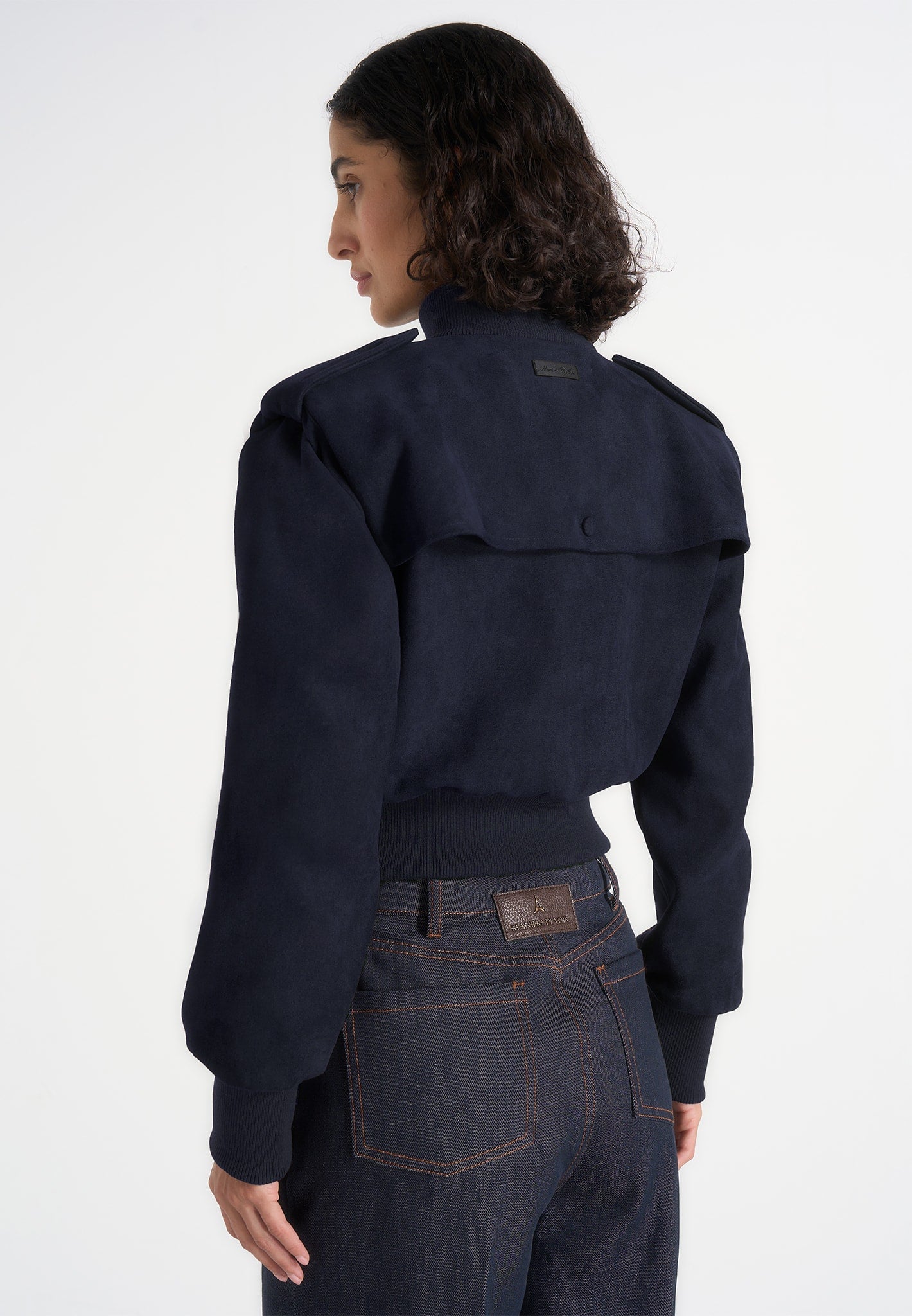 Delfina - Suede Layered-Shoulder Cropped Bomber Jacket - Navy
