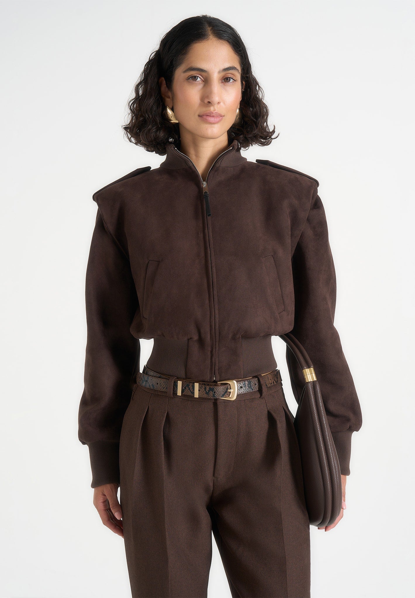 Delfina - Suede Layered-Shoulder Cropped Bomber Jacket - Brown