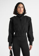 Delfina - Suede Layered-Shoulder Cropped Bomber Jacket- Black