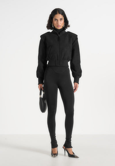 Delfina - Suede Layered-Shoulder Cropped Bomber Jacket- Black