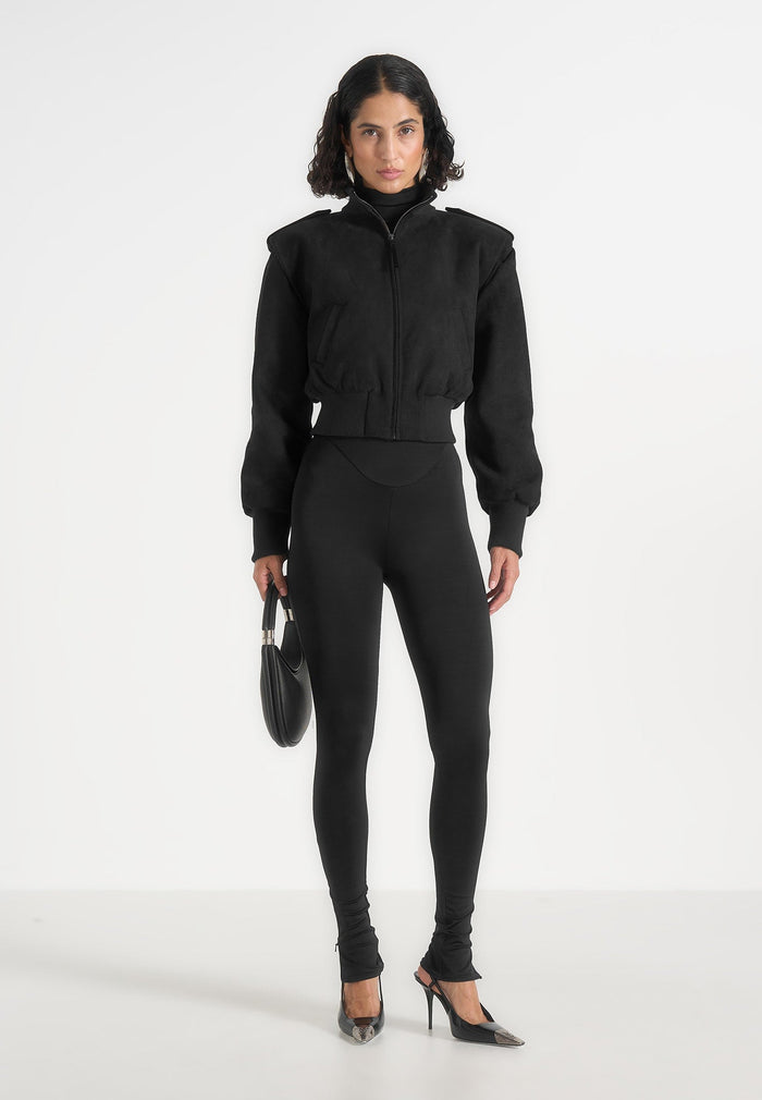 Delfina - Suede Layered-Shoulder Cropped Bomber Jacket- Black