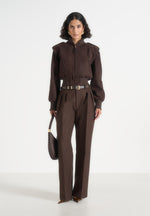 Delfina - Suede Layered-Shoulder Cropped Bomber Jacket - Brown