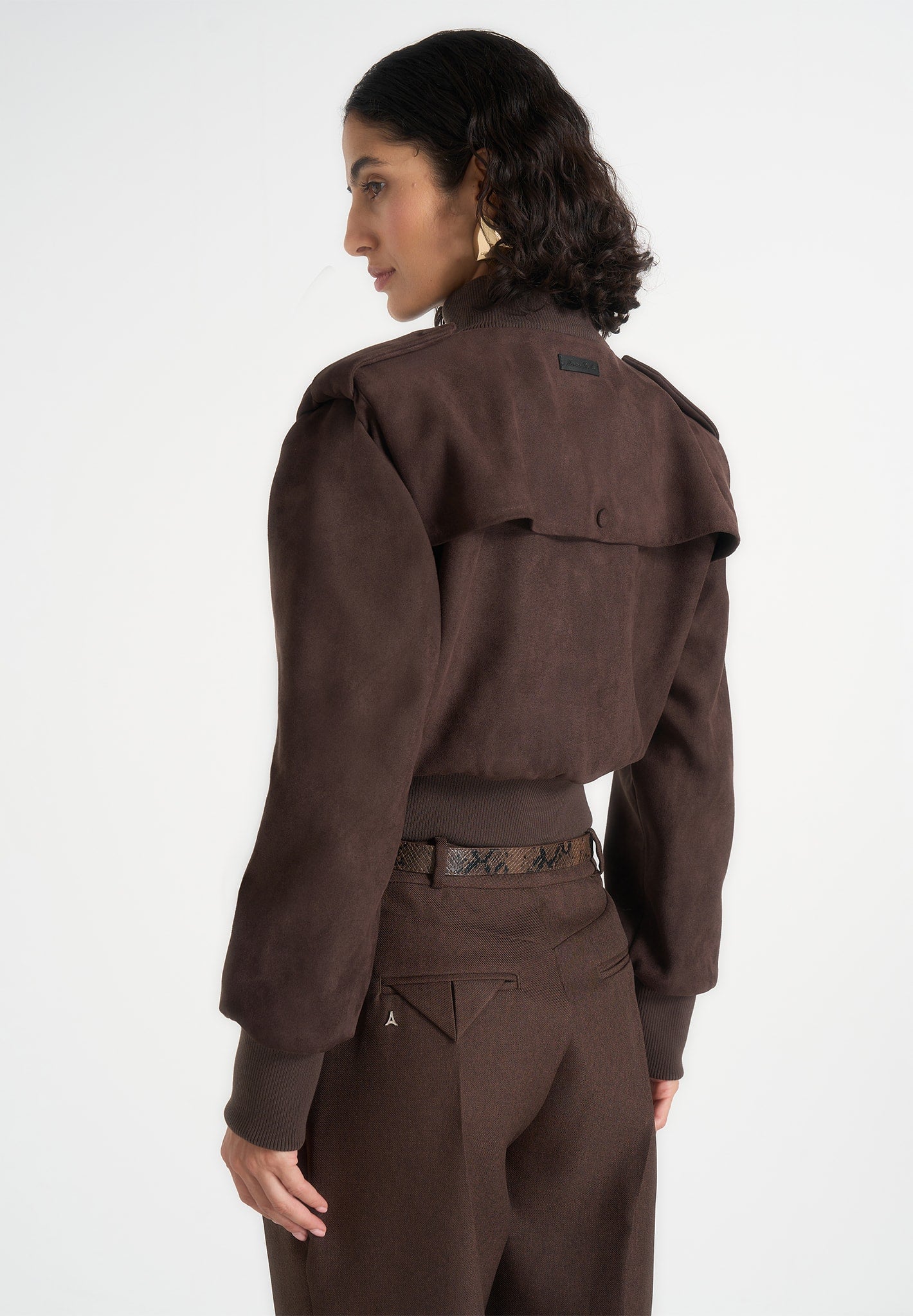 Delfina - Suede Layered-Shoulder Cropped Bomber Jacket - Brown