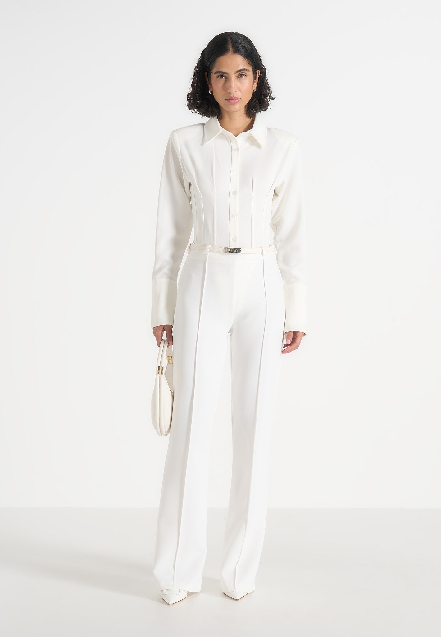 Quinn - High-Waisted Belted Fit & Flare Pants – White
