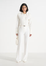 Quinn - High-Waisted Belted Fit & Flare Pants – White