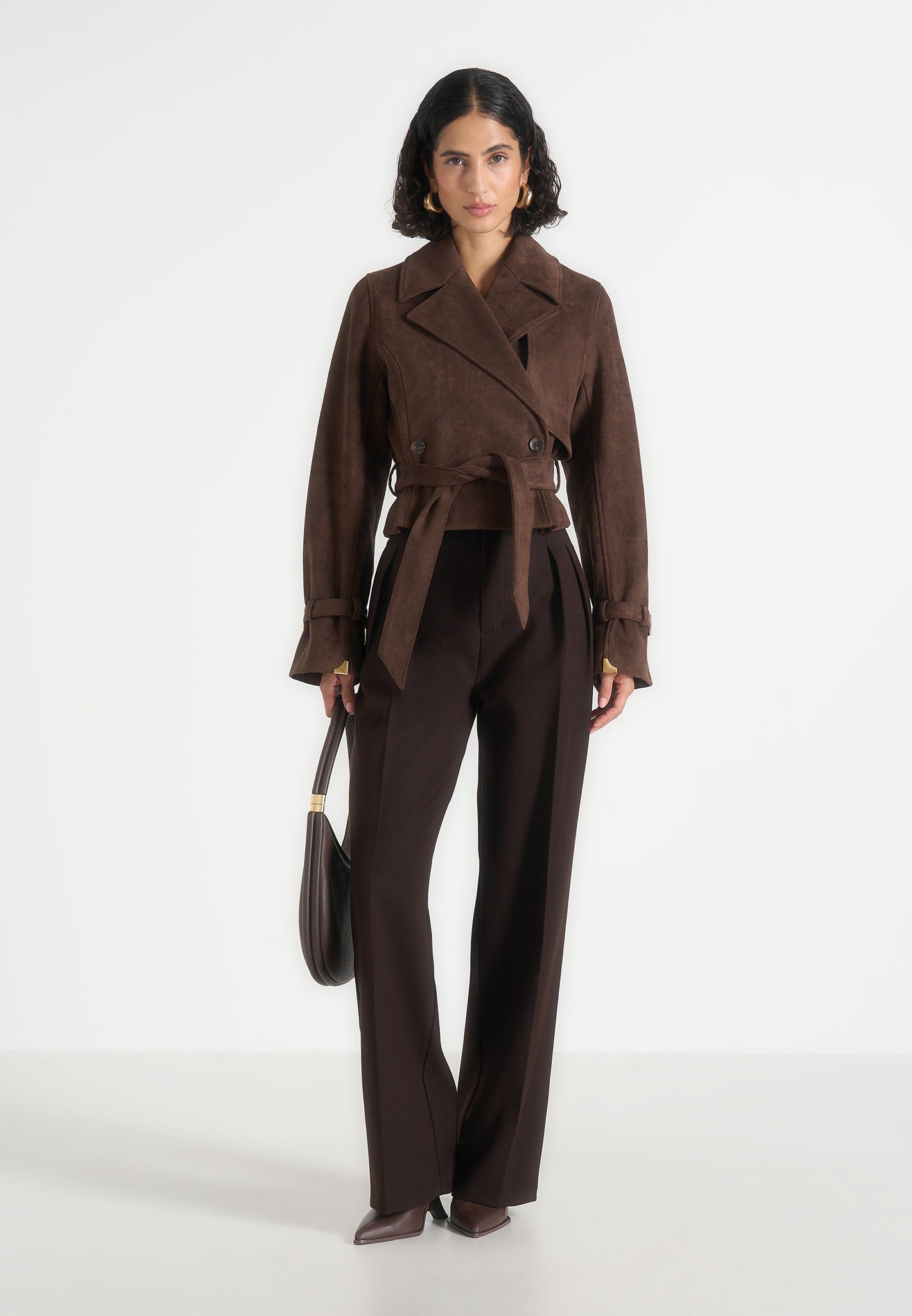 Poppy -  Cropped Suede Belted Biker Jacket - Brown
