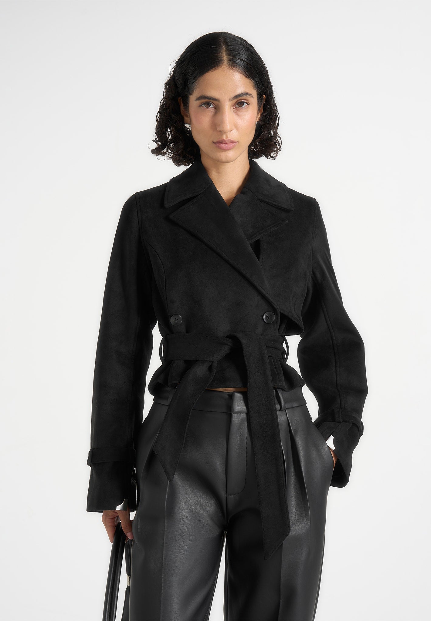 Poppy - Cropped Suede Belted Biker Jacket - Black