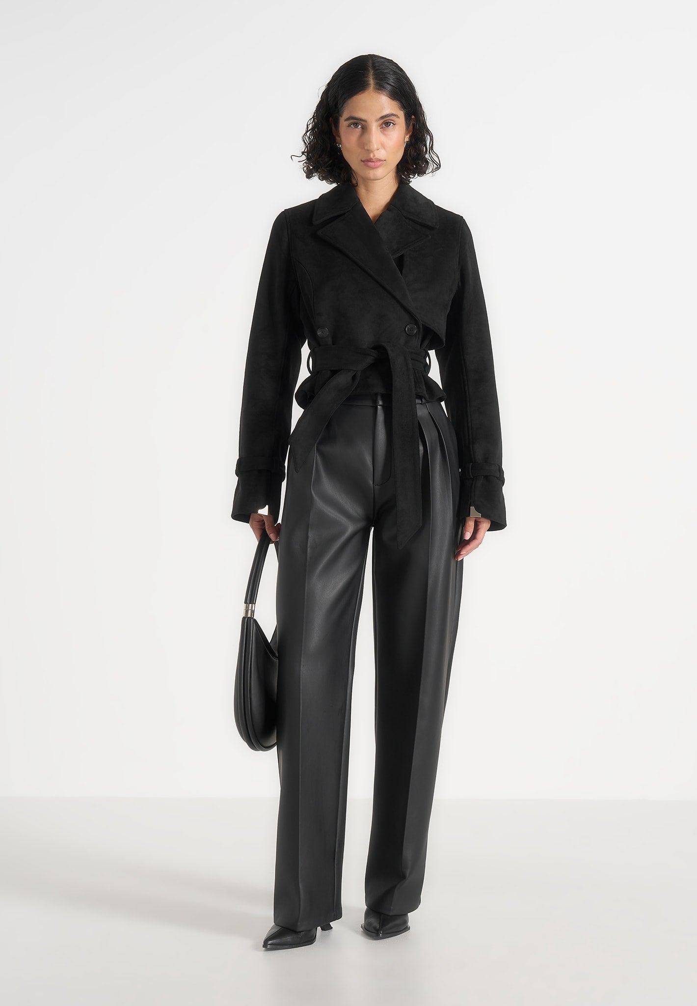 Poppy - Cropped Suede Belted Biker Jacket - Black
