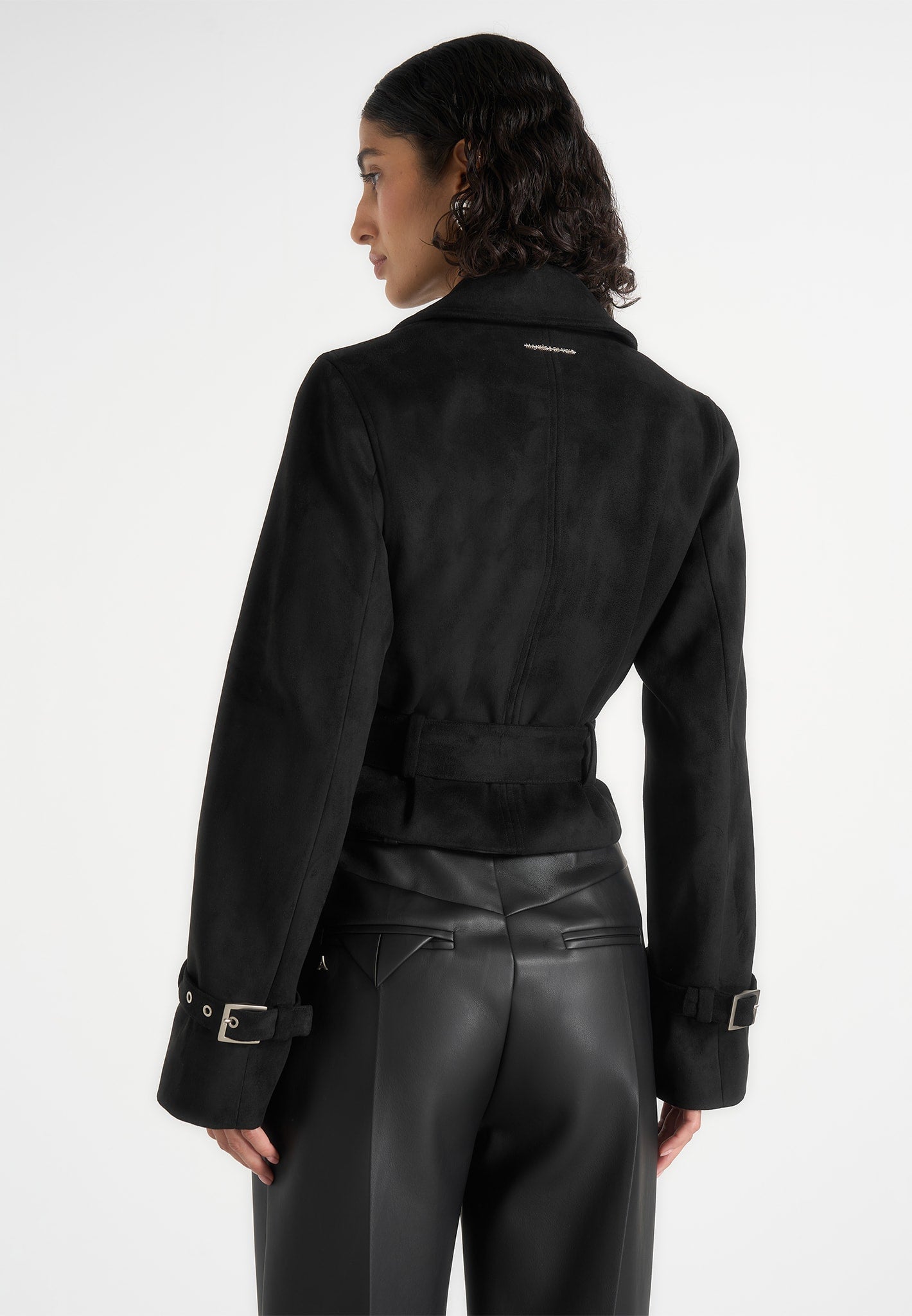 Poppy - Cropped Suede Belted Biker Jacket - Black