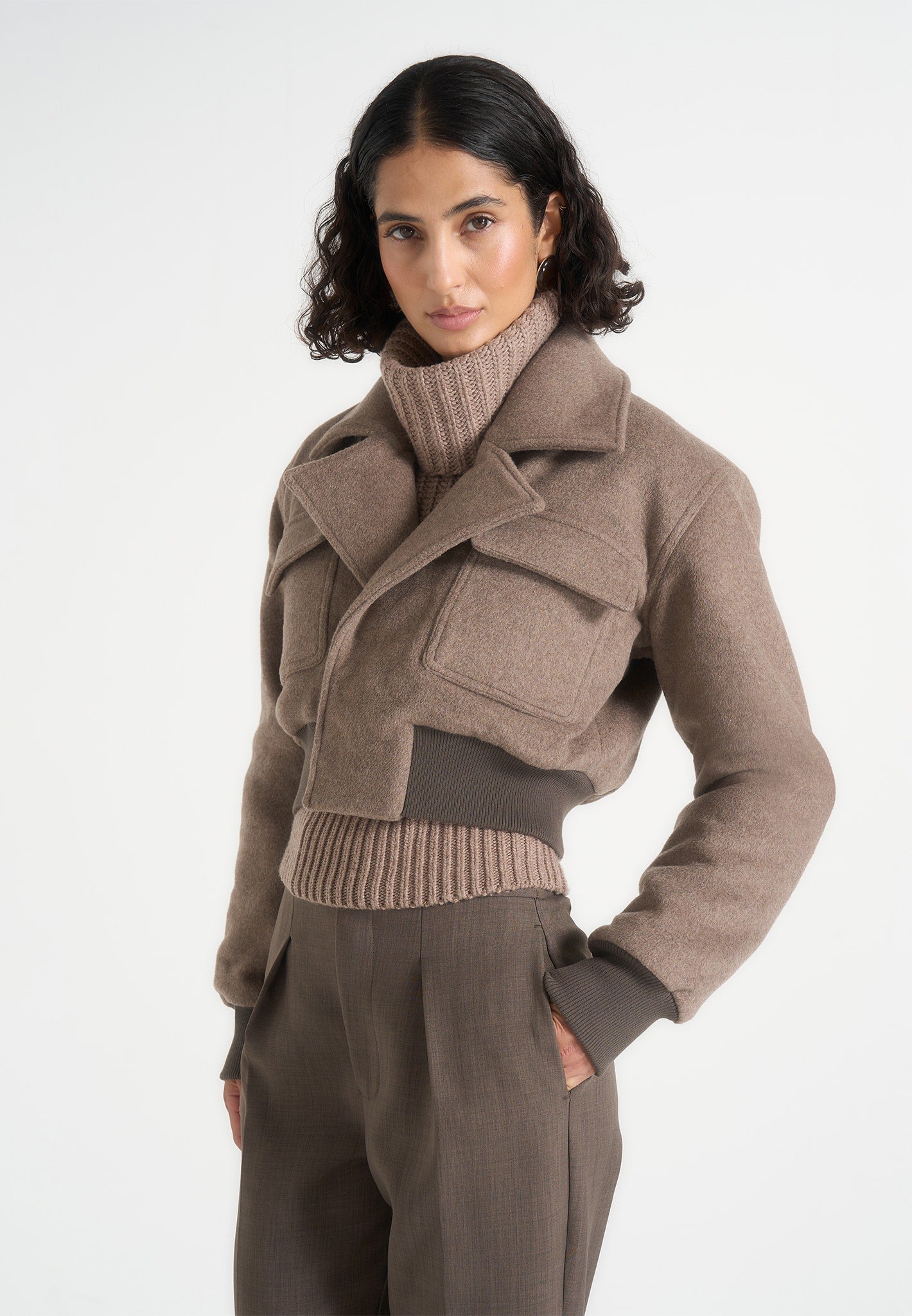 Cosette - Wool Lapel Bomber Jacket - Taupe