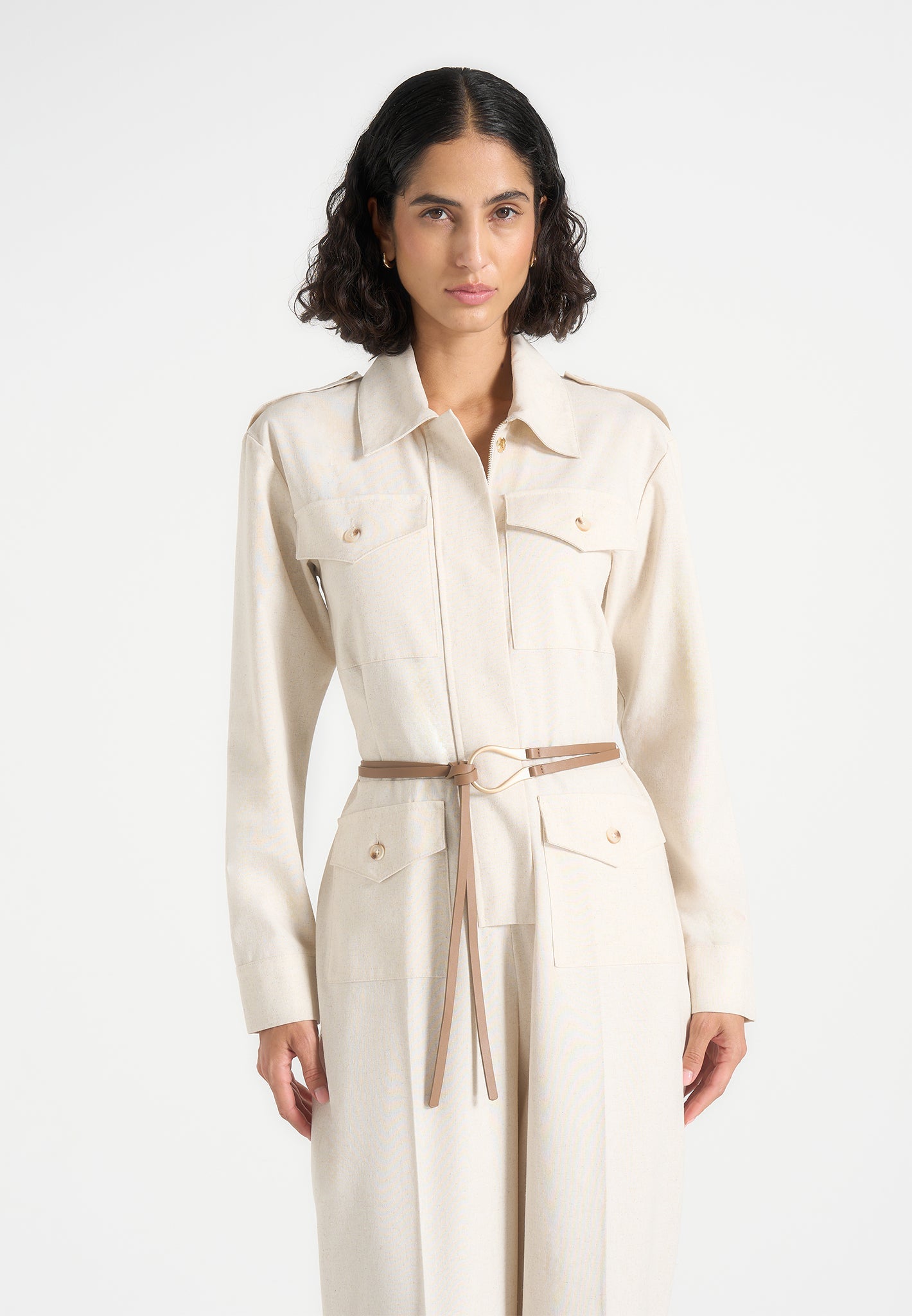 Ruby - Linen Belted Cargo-Pocket Jumpsuit - Natural