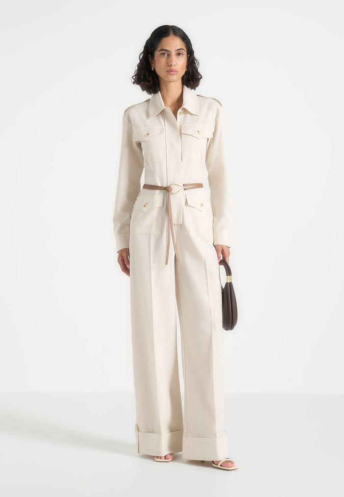 Ruby - Linen Belted Cargo-Pocket Jumpsuit - Natural