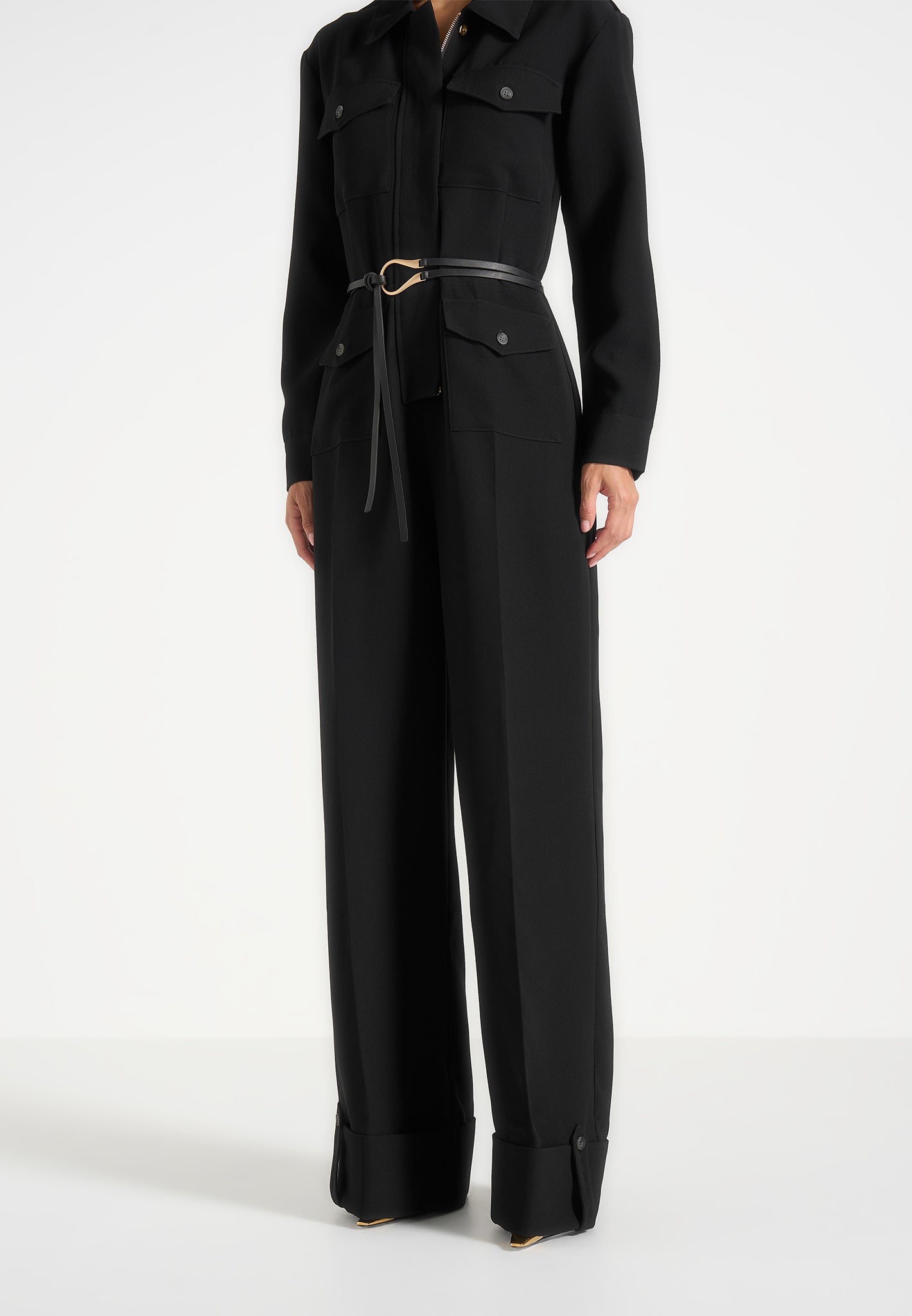 Ruby - Tailored Belted Cargo-Pocket Jumpsuit - Black