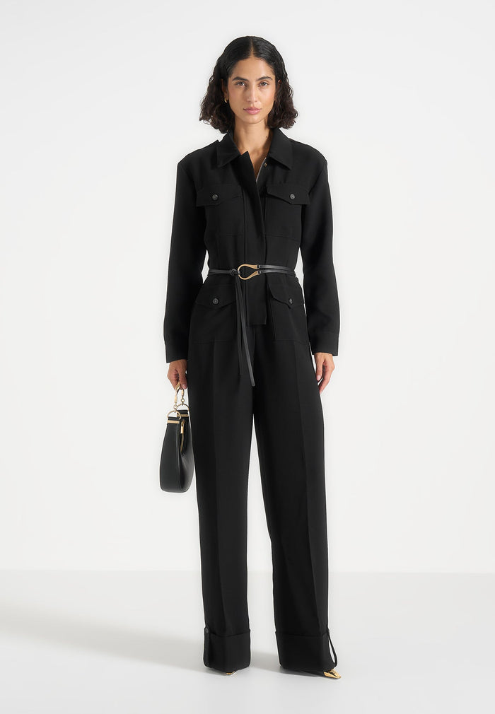 Ruby - Tailored Belted Cargo-Pocket Jumpsuit - Black