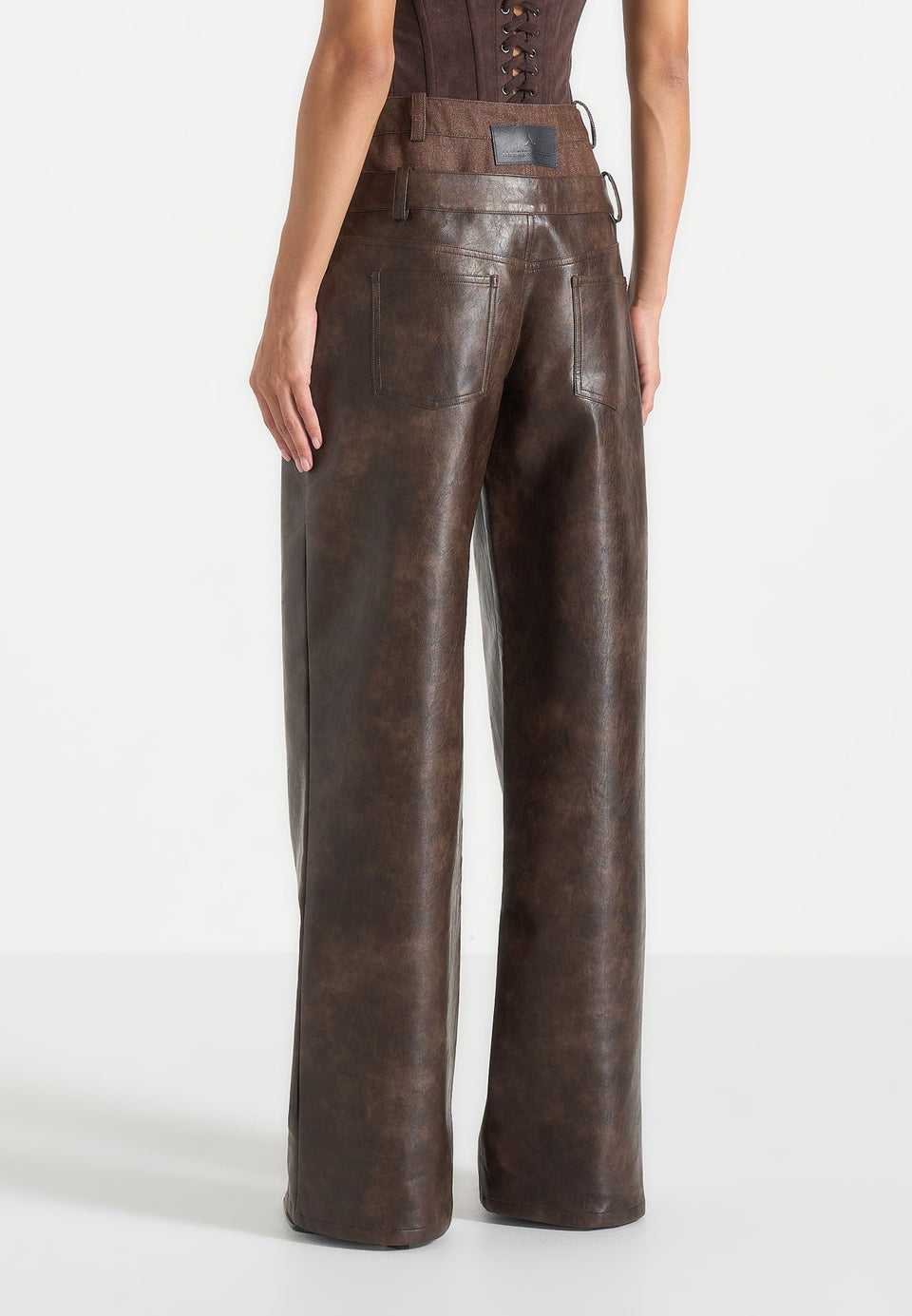 Carmen - Vintage Leather Double Waistband Trousers - Brown