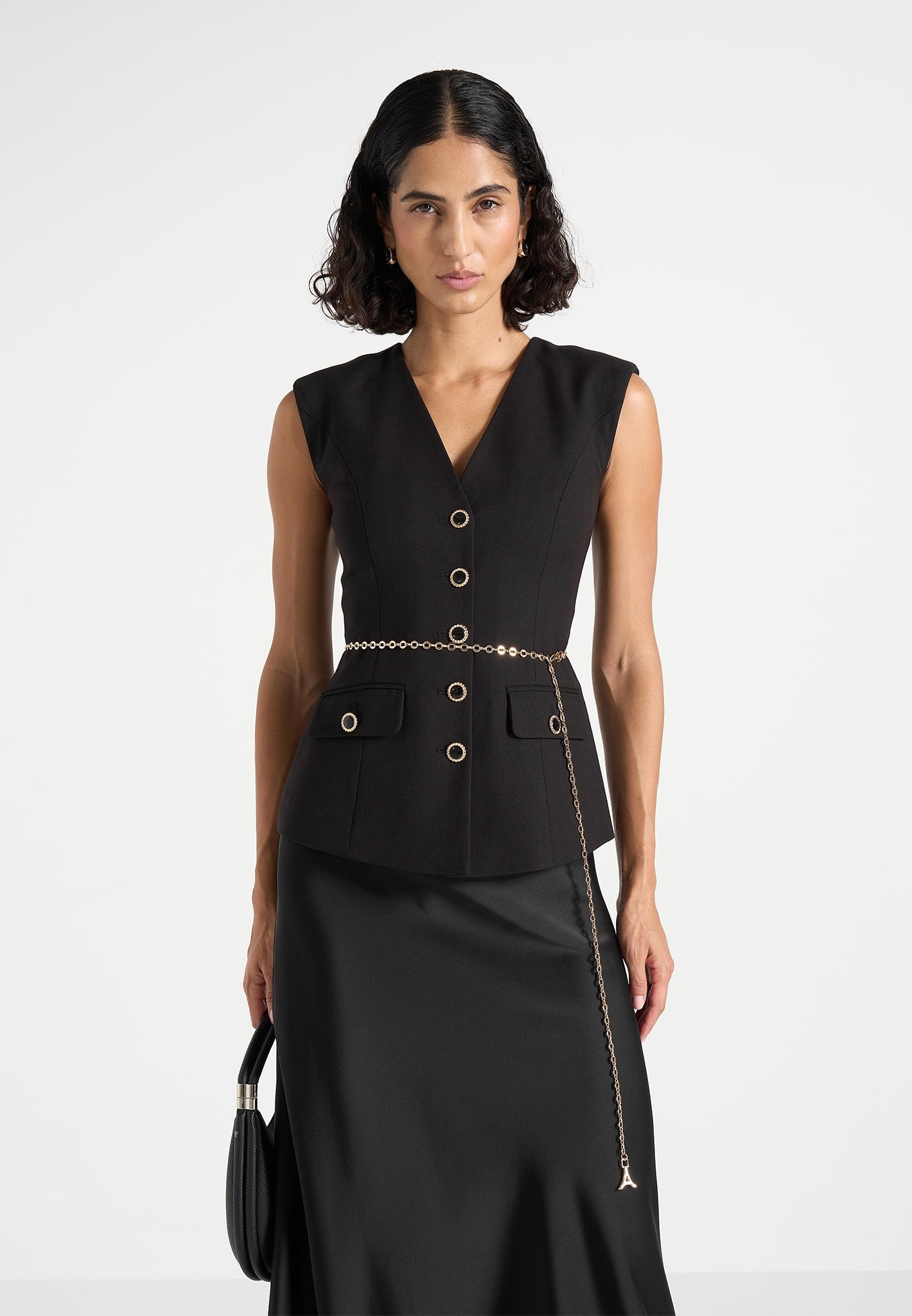 Nahla - Chain Belt Waistcoat Satin Maxi Dress - Black