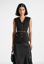 Nahla - Chain Belt Waistcoat Satin Maxi Dress - Black