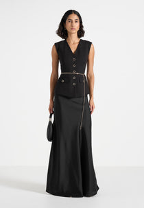 Nahla - Chain Belt Waistcoat Satin Maxi Dress - Black