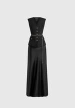 Nahla - Chain Belt Waistcoat Satin Maxi Dress - Black