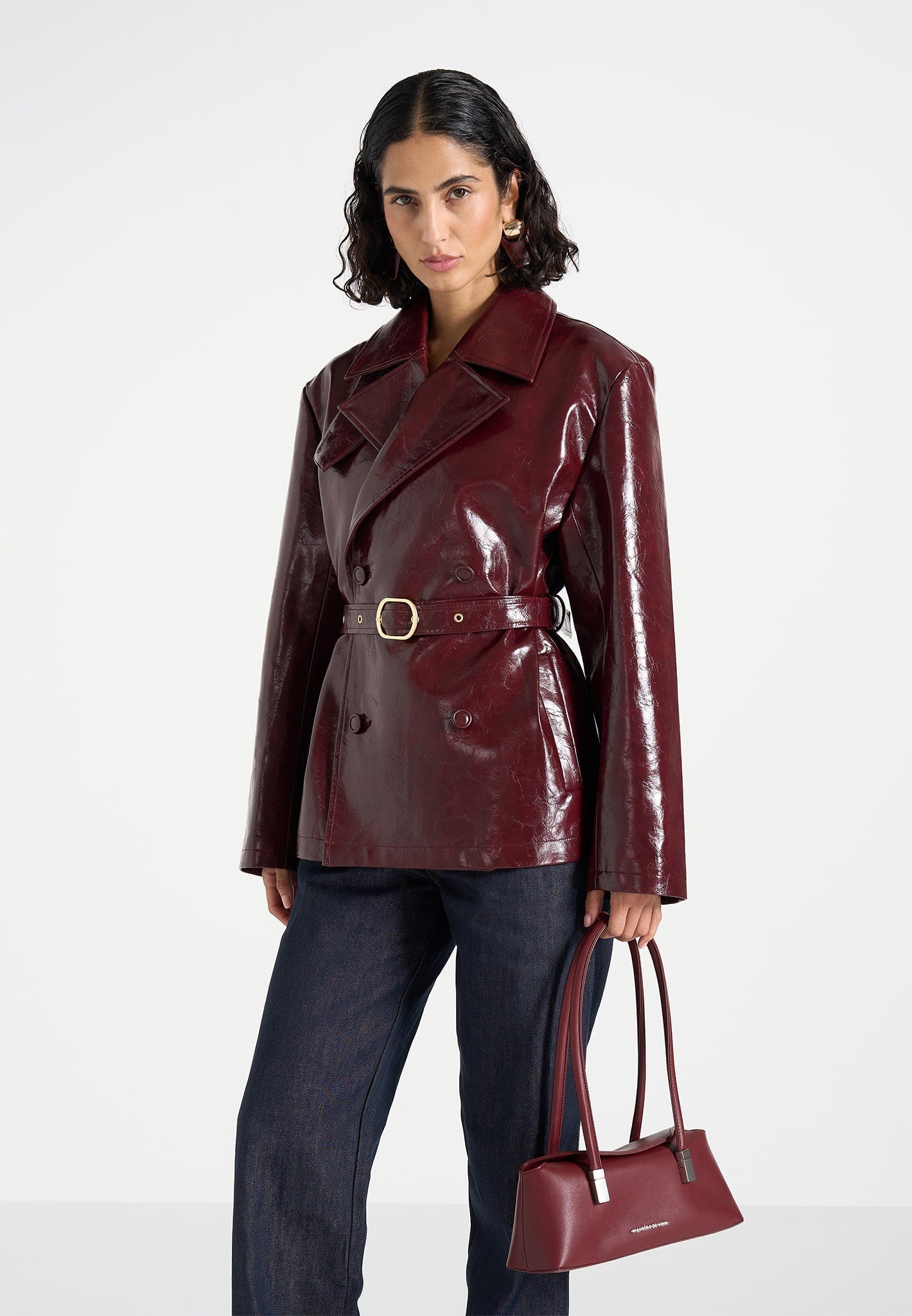 Whitney - Patent Belted Trench Jacket - Wine Red