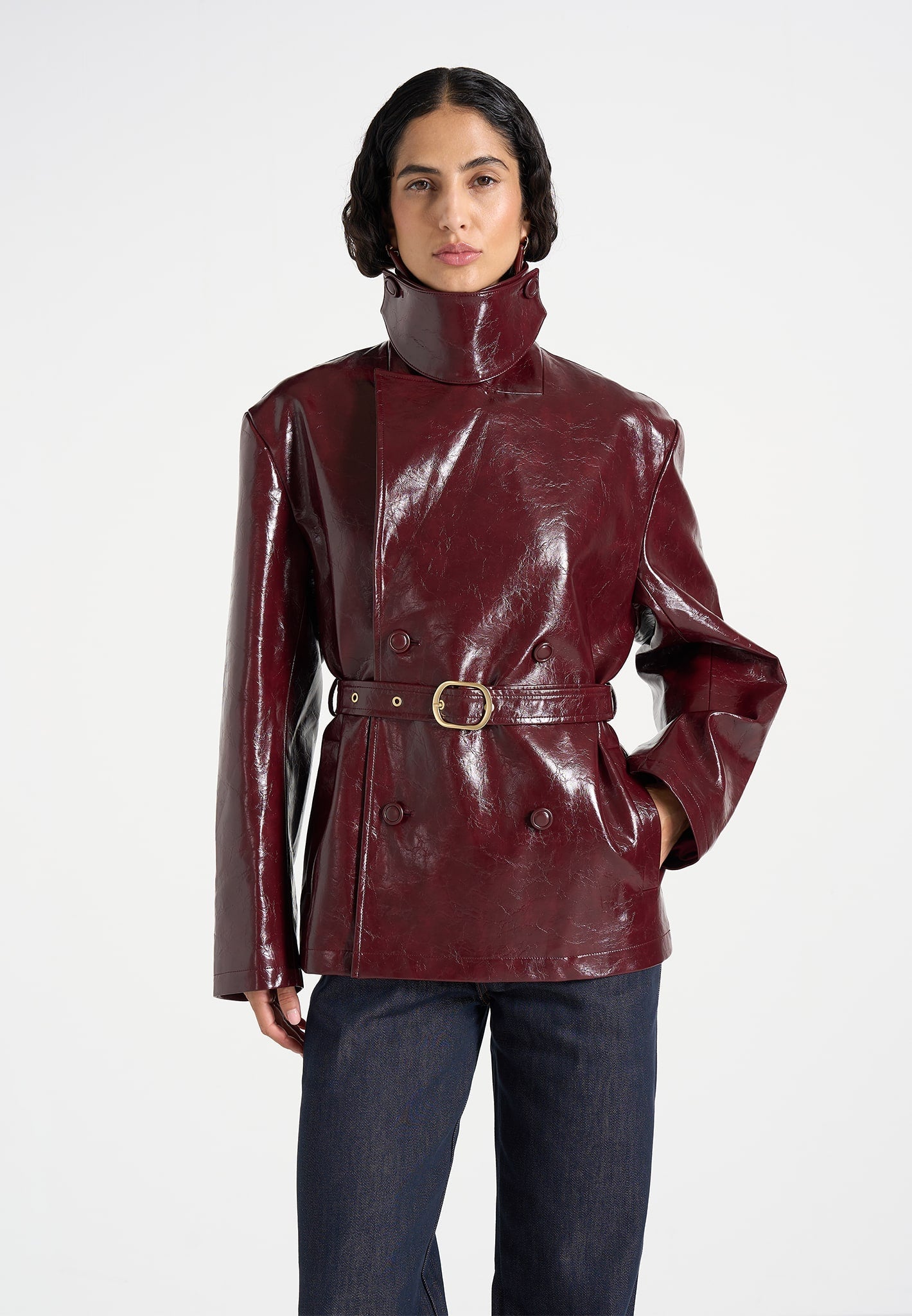Whitney - Patent Belted Trench Jacket - Wine Red