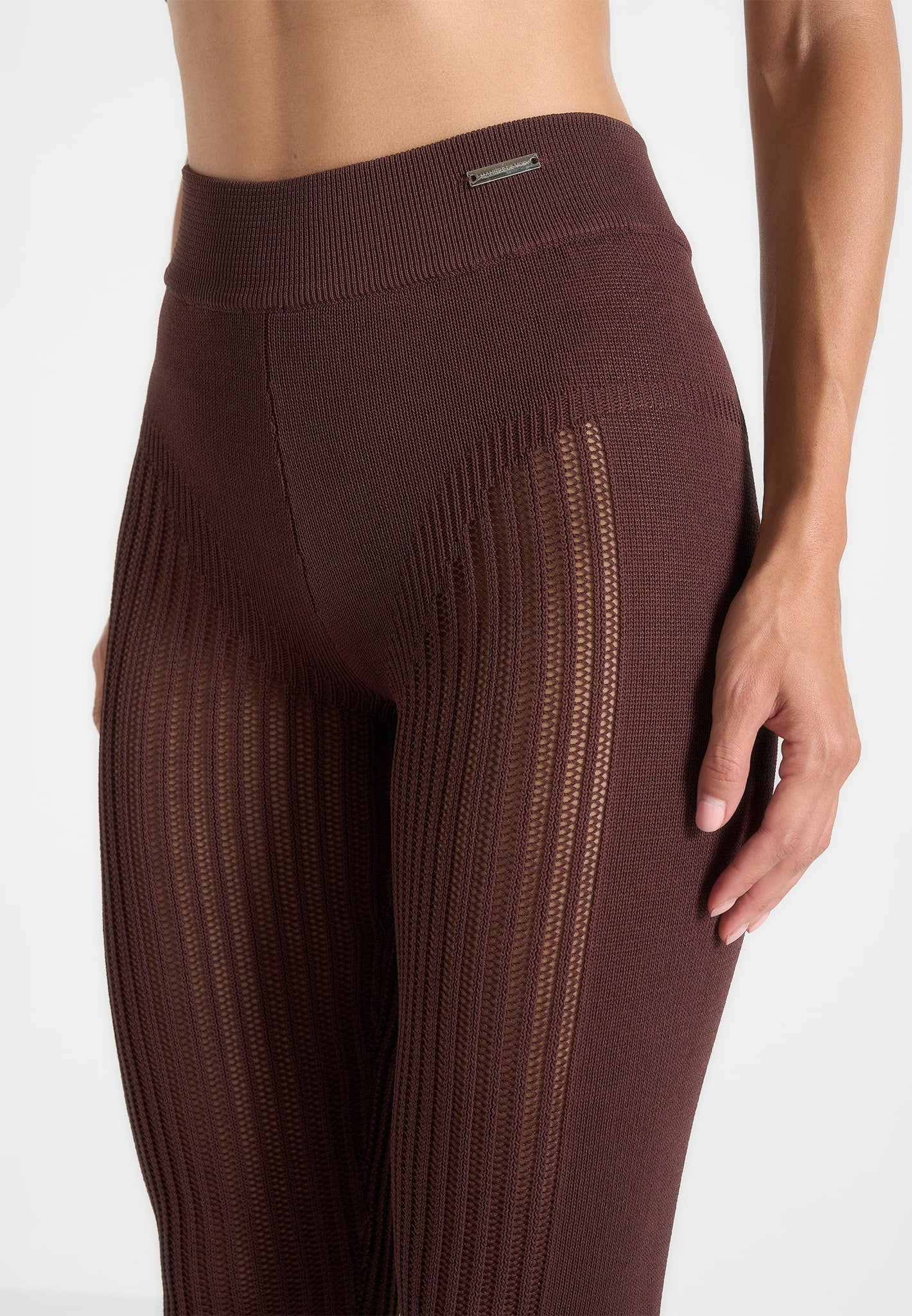 Knitted High Waisted Leggings - Brown