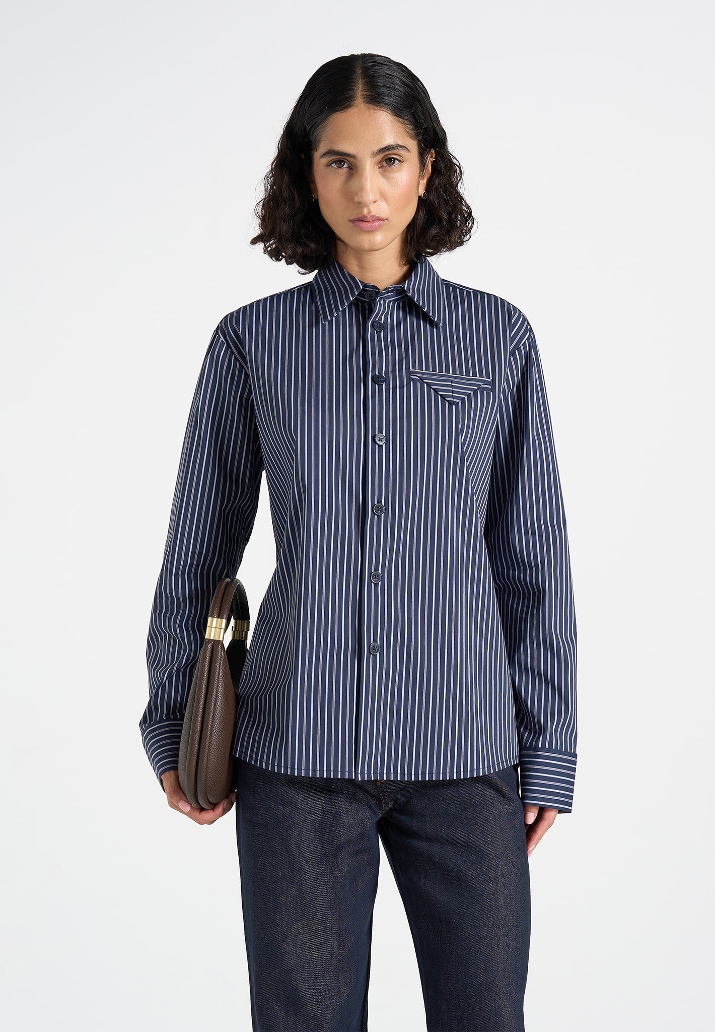 Ronnie - Unisex Pinstripe Long Sleeve Shirt - Navy