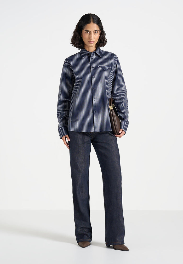 Ronnie - Unisex Pinstripe Long Sleeve Shirt - Navy