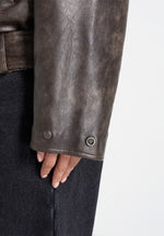 Ezra - Unisex Vintage Leather Belted Bomber Jacket - Brown
