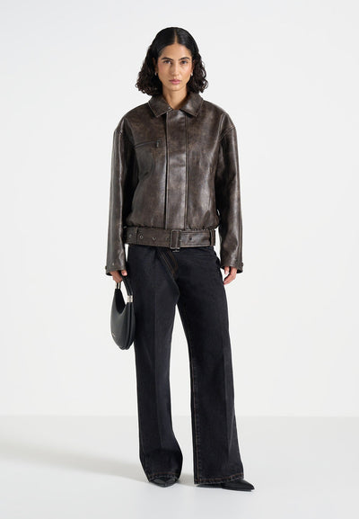 Ezra - Unisex Vintage Leather Belted Bomber Jacket - Brown