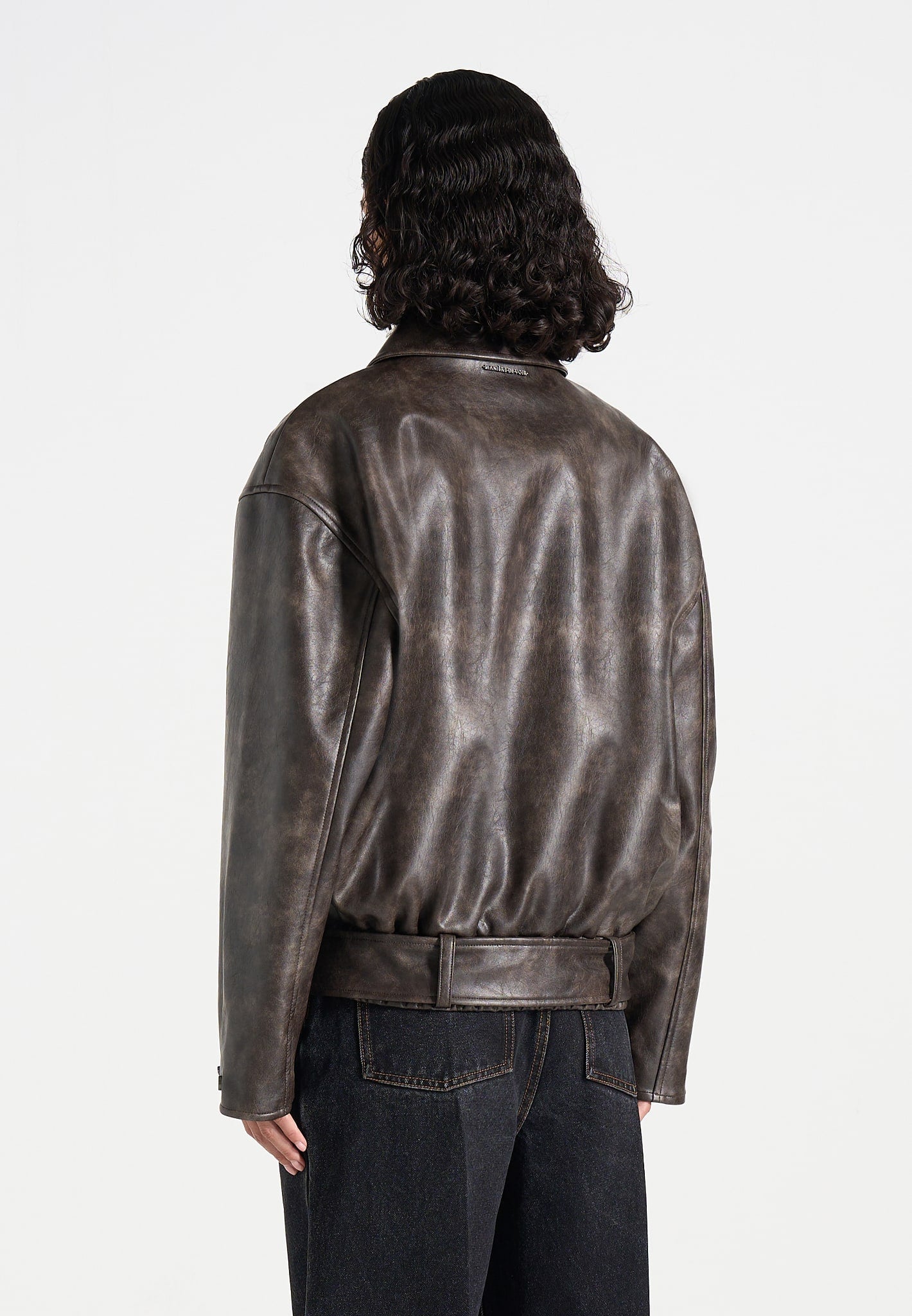 Ezra - Unisex Vintage Leather Belted Bomber Jacket - Brown
