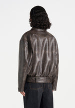Ezra - Unisex Vintage Leather Belted Bomber Jacket - Brown