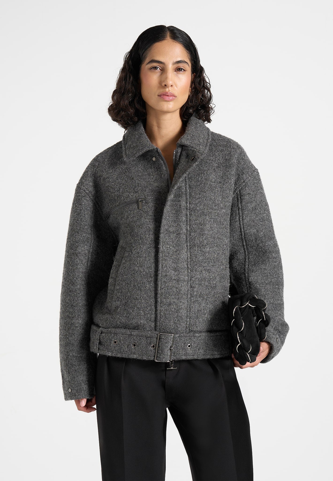 Ezra - Unisex Wool Belted Bomber Jacket - Grey