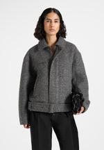 Ezra - Unisex Wool Belted Bomber Jacket - Grey