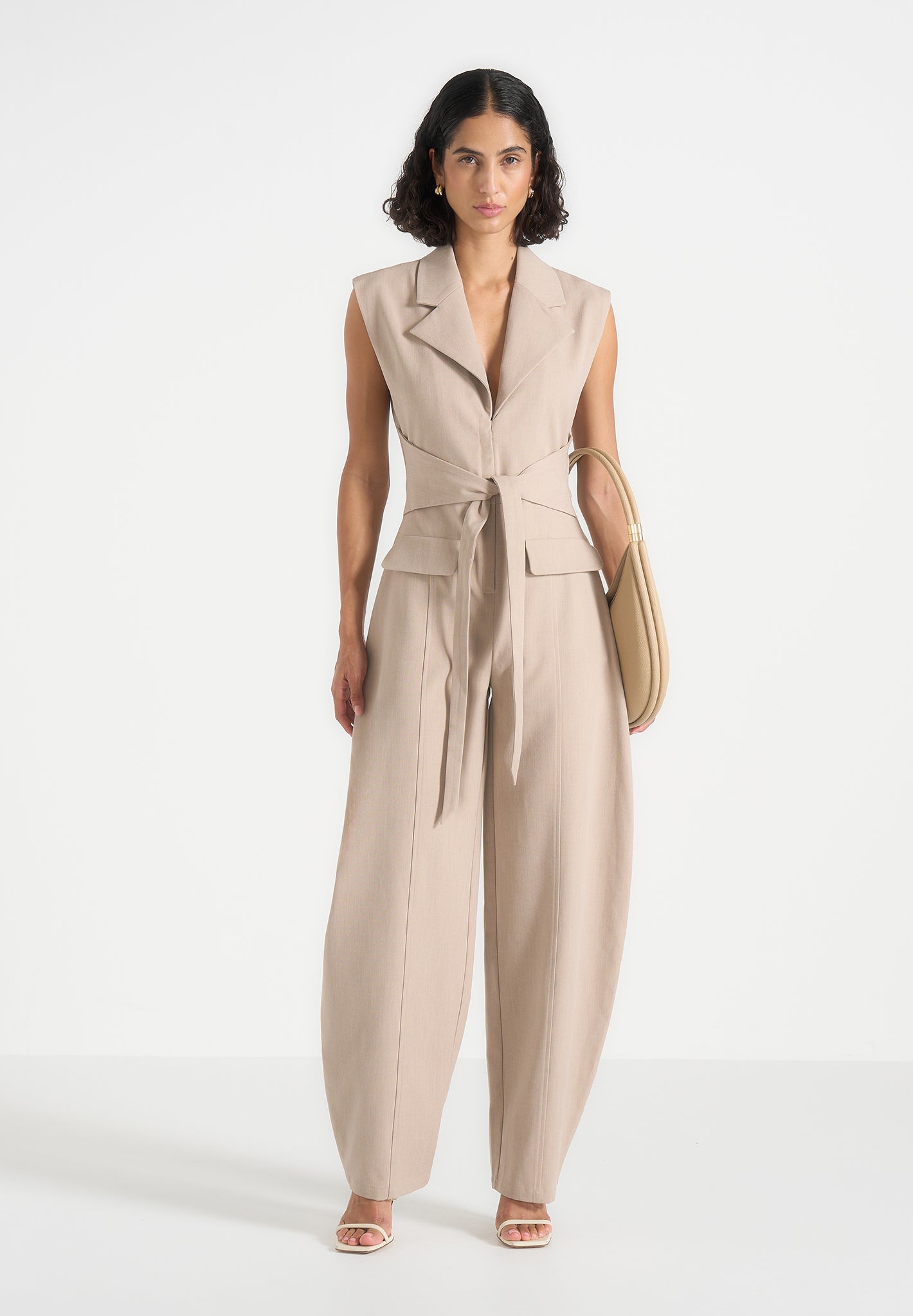 Kira - Tie-Waist Barrel Leg Tailored Jumpsuit - Beige