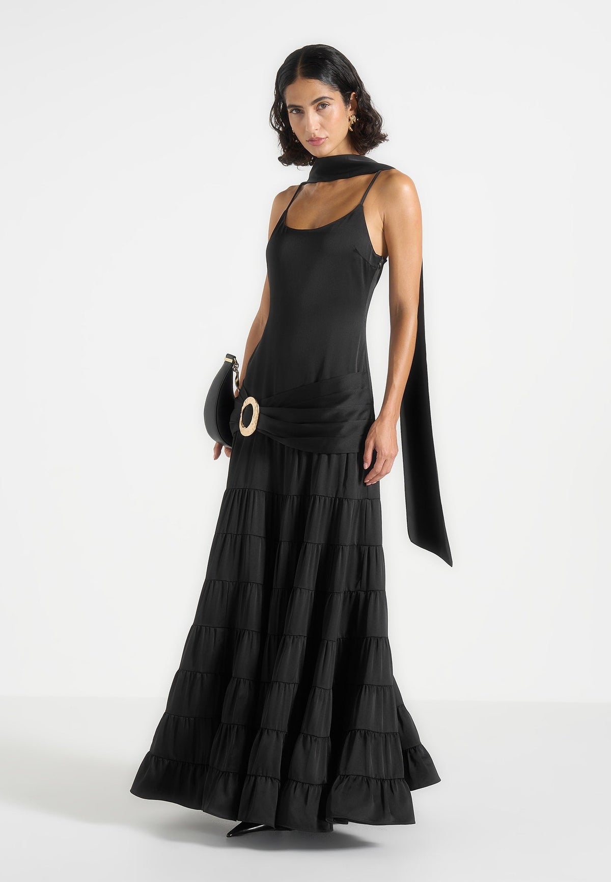 Naomi - Cami Satin Tiered Belted Maxi Dress - Black