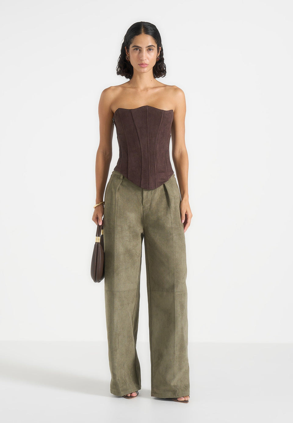 Solene - Suede Wide Leg Pleated Pants - Dark Sage