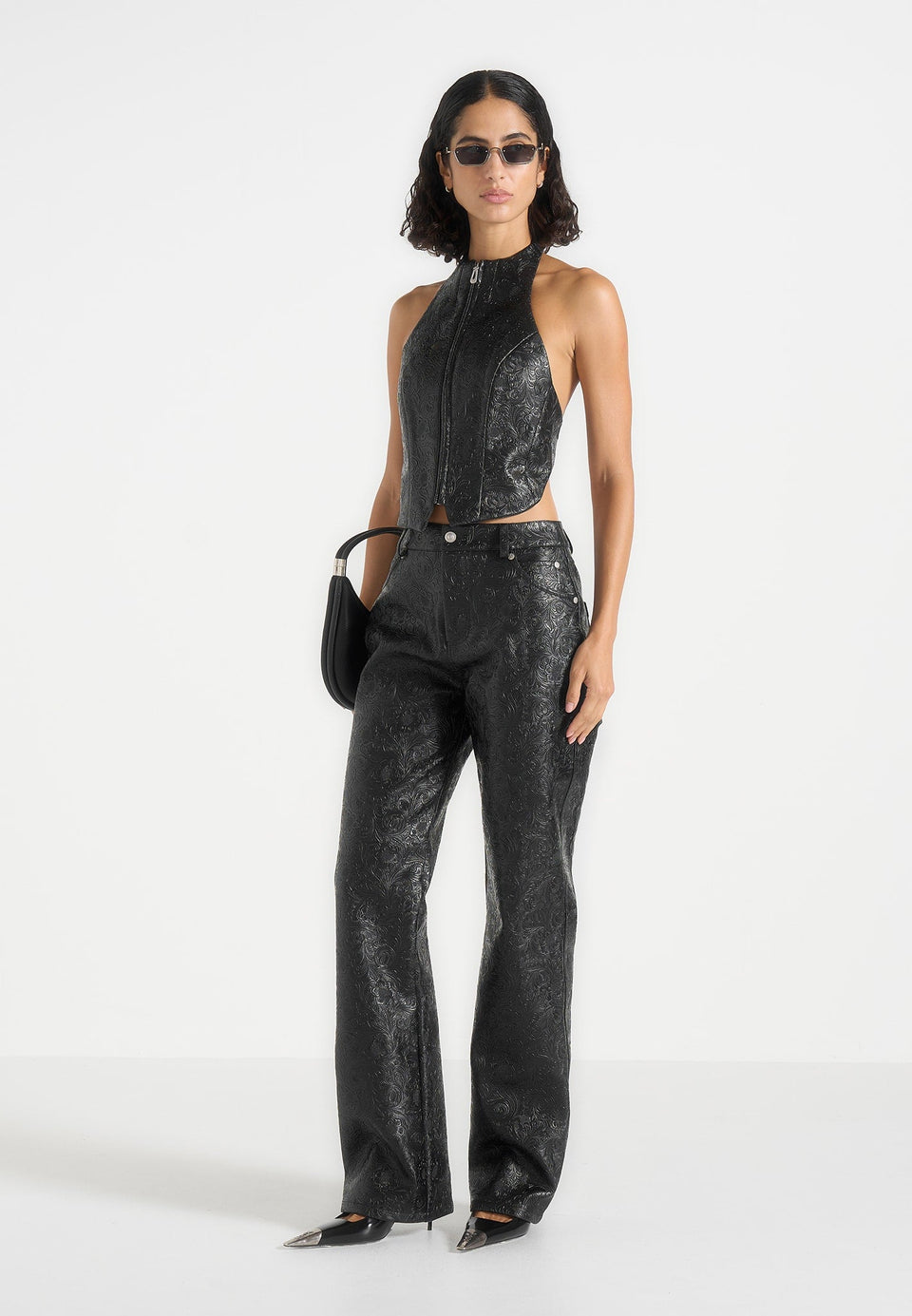 claudette-embossed-leather-halterneck-backless-top-black