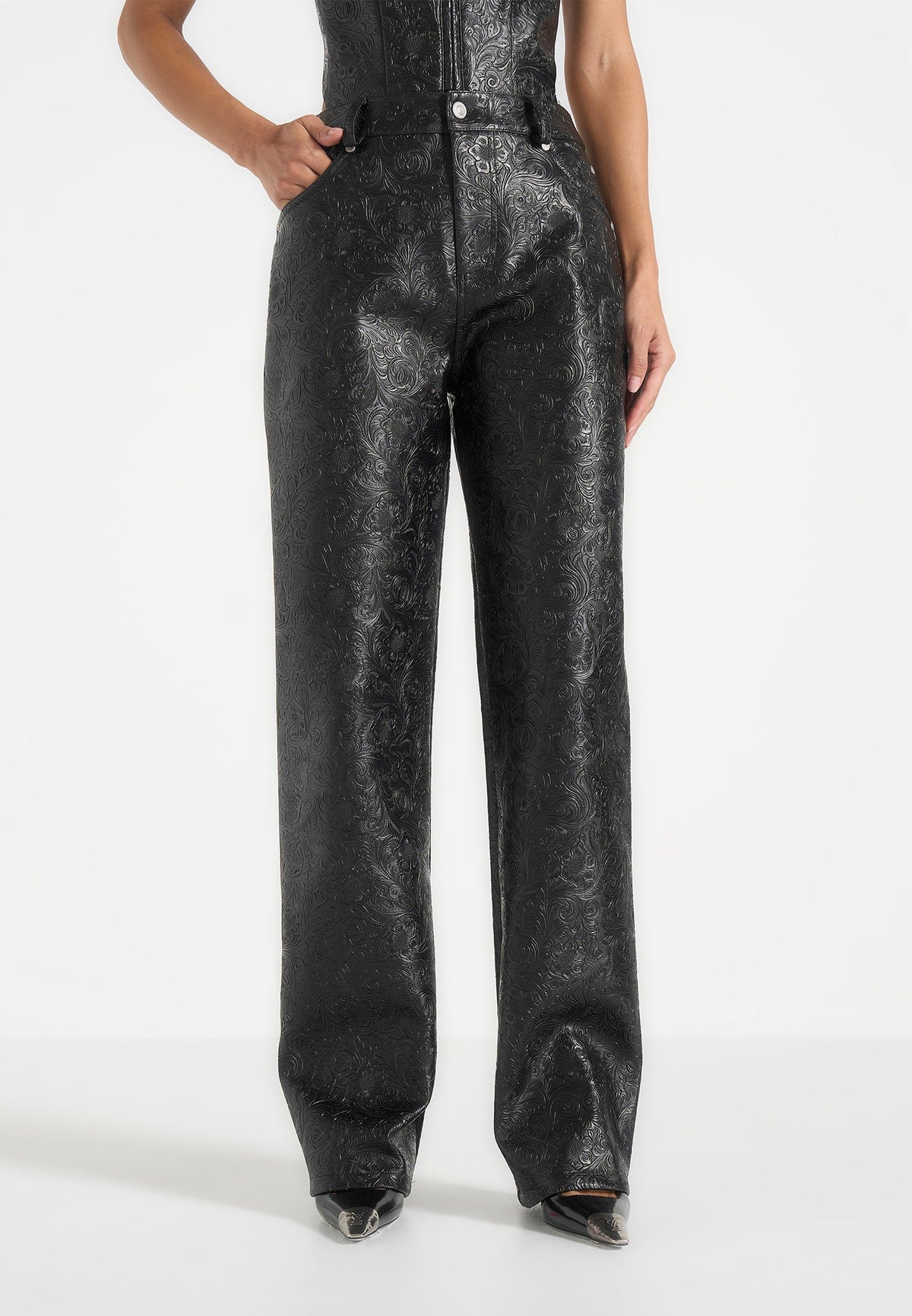 Ruth - Embossed Leather Mid Rise Pants - Black