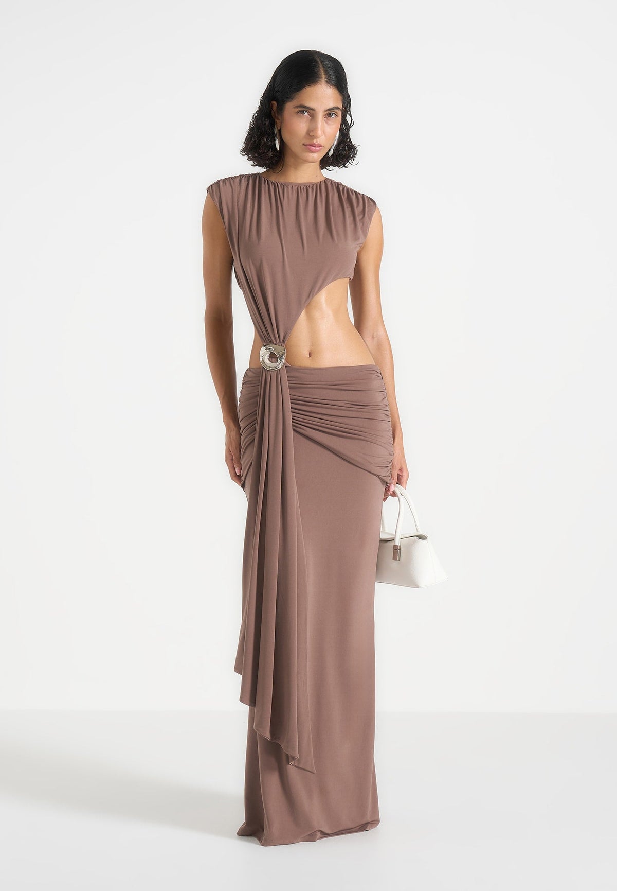 Ashley - Asymmetric Cut Out Hardware Detail Maxi Dress - Taupe