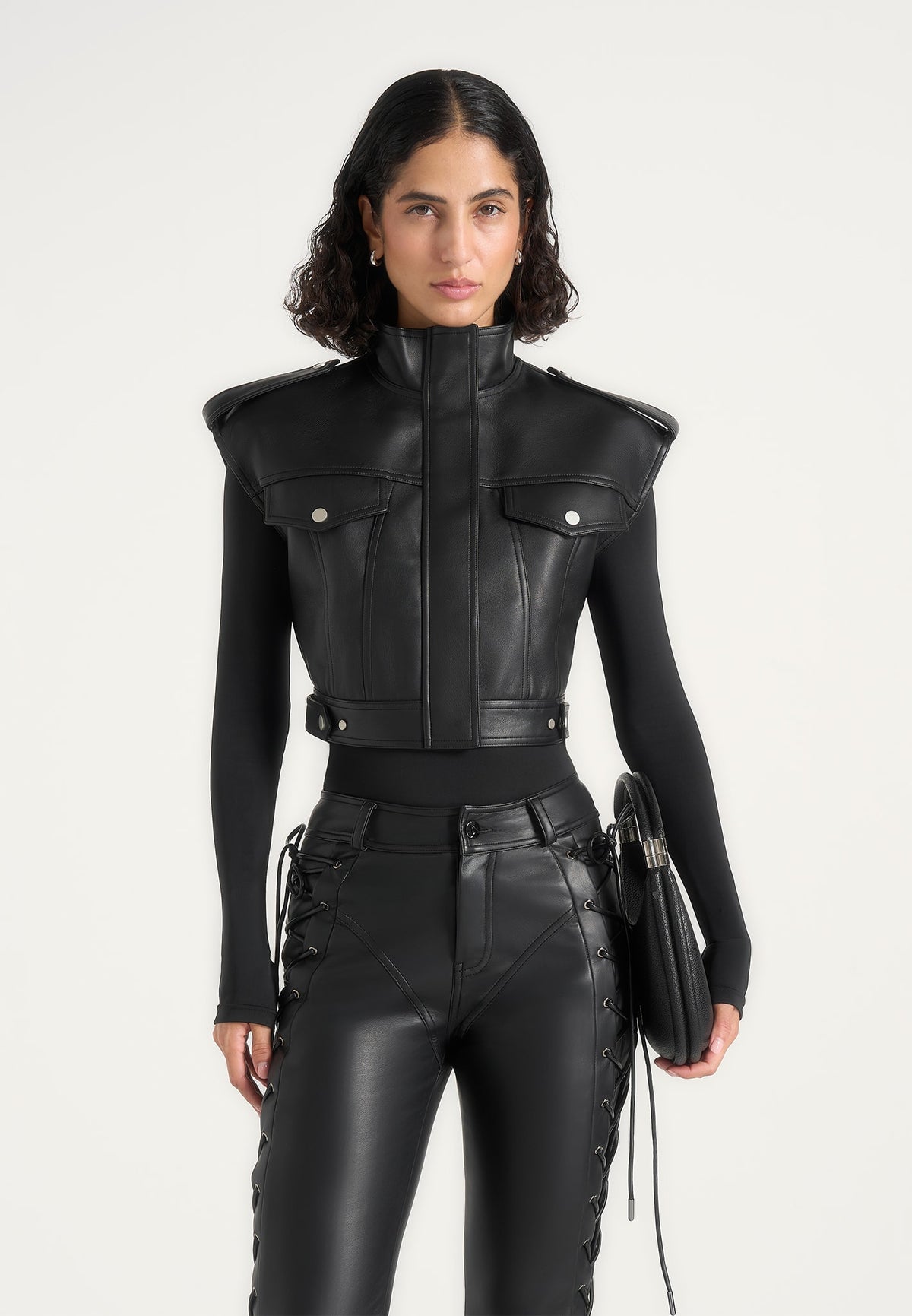 Imelda - Leather Cropped Wide Shoulder Sleeveless Jacket - Black